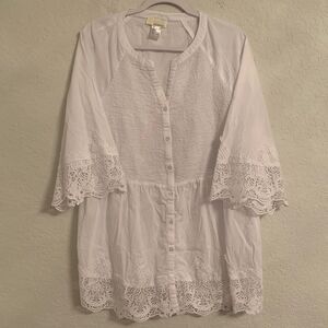 Alessa W Collection White Smocked Lace Button-Up Blouse Size 18